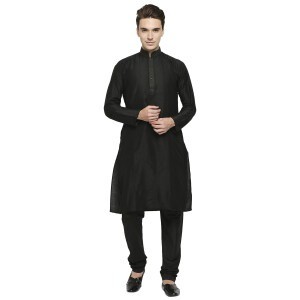 Black Pure Cotton Formal Kurta With Pintuck Detailing And Antique Silver Dori Embroidery At Collar And Placket