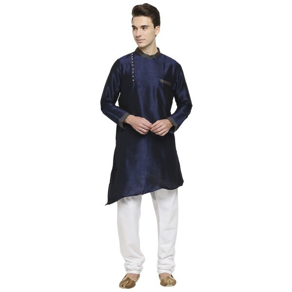 Navy Blue Festive Kurta With Gold Trim And Embroidery And A Quirky Angarkha Cut