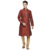 Red Block Printed Silk Kurta With Contrast Blue Silk Embroidered Into The Gold Zari Collar And Neckline And Contrasting Knot Button Detailing To Conceal Fasteners
