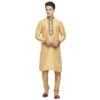 Formal Light Gold Silk Kurta With Heavy Antique Gold Zari Embroidery At The Collar And Neckline, Fabric Buttons In Contrasting Red Add An Exclusive Touch To The Outfit