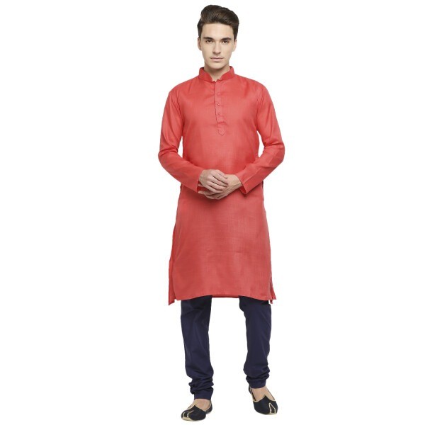 Coral Pink Cotton Kurta With Matched Buttons Casual But Eyecatching Worn By Itself , And Easily Dresses Up With A Bundi Or Scarf