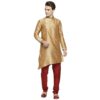 Gold Silk Kurta With Angarkha Style Overlapping Placket And Gold Embroidery At Collar And Neckline