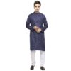 Navy Blue Cotton Kurta With Small Block Print With Wooden Buttons