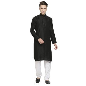 Black Cotton Kurta With All Over Pintuck Detailing And Dori Work On Collar And Placket
