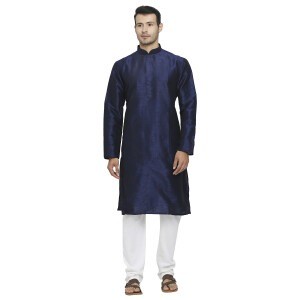 Basic Navy Blue Raw Silk Kurta With Concealed Buttons