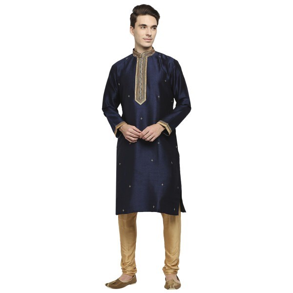 Ink Blue Kurta With Small Embroidered Motifs All Over And A Decorative Design Embroidered In Silk And Dori At Collar, Neckline And Placket