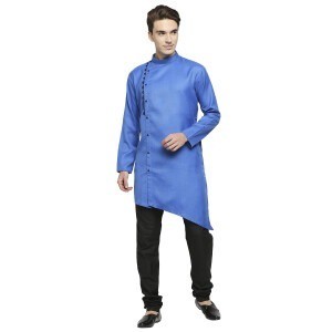 Electric Blue Polycot Kurta With Angarkha Style Opening Detailed With A Contrast Trim And Buttons