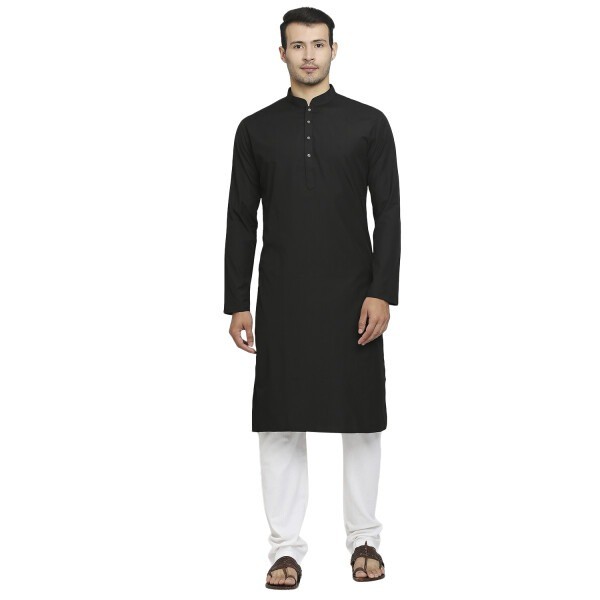 Black Cotton Kurta With Contrast Wood Buttons