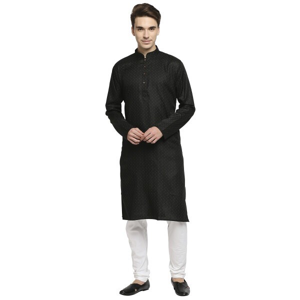 Black Basic Cotton Kurta With Delicate Print And Wooden Buttons