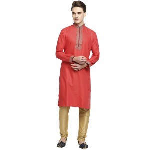 Festive Bright Red Silk Kurta With Gold And Ink Blue Embroidery Detail At Collar And Placket