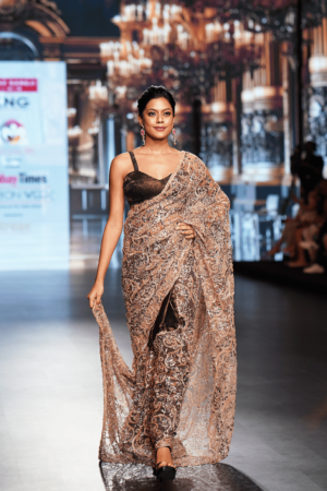 Antique Gold filigree lace stitched saree