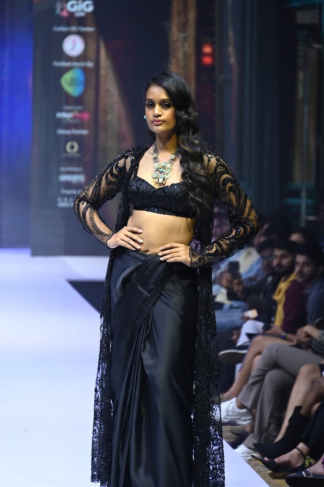 Black drape saree with long emb jacket
